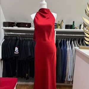Zara Red Satin Backless Halter Maxi Dress